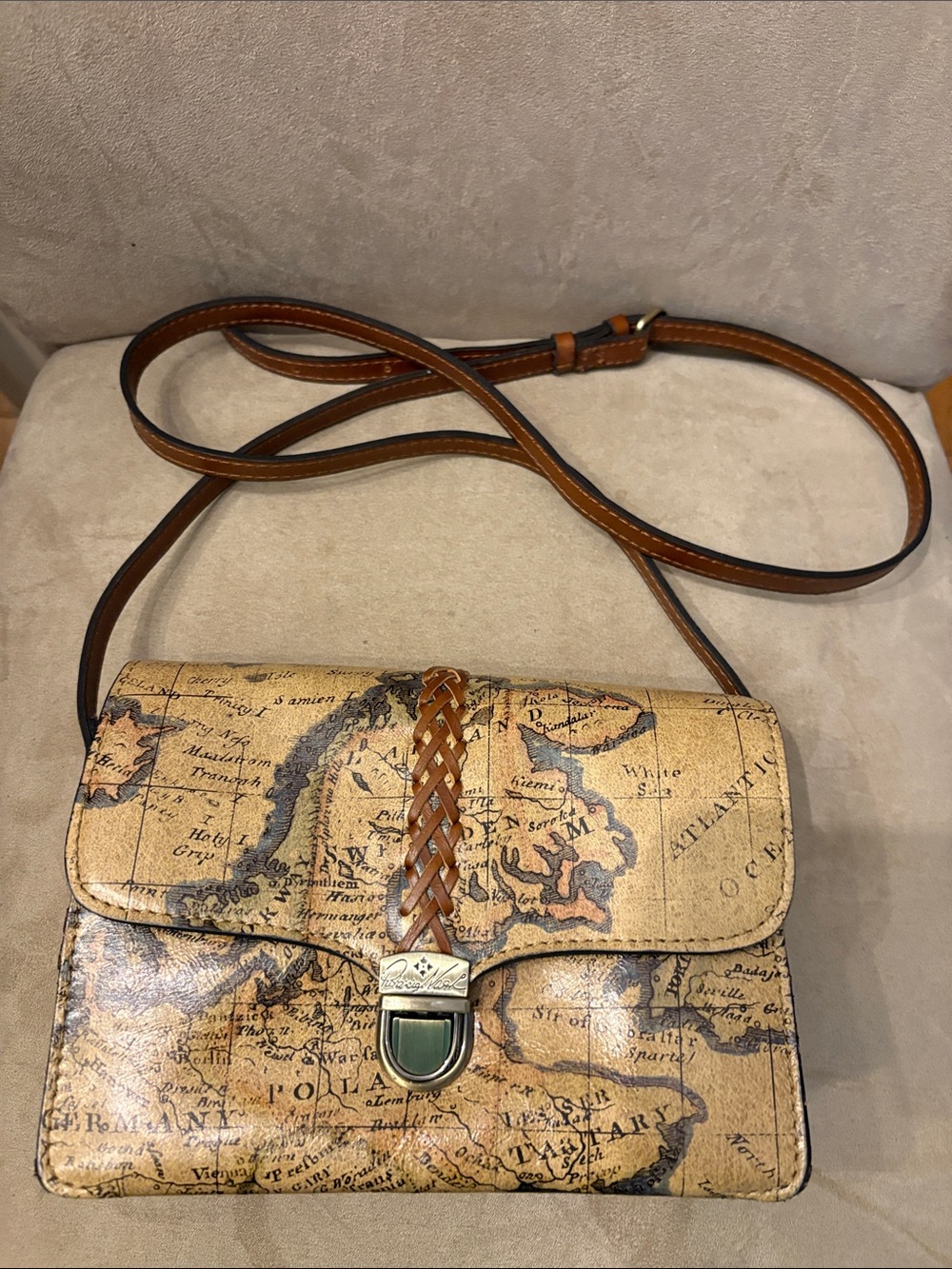 Patricia Nash Tan & Brown Map-Print Braided Crossbody Excellent condition!